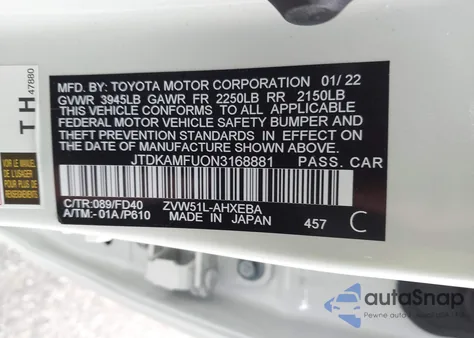 2022 Toyota Prius Le из США, поврежденный, VIN JTDKAMFU0N3168881